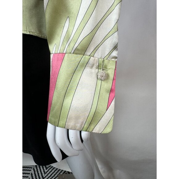 Silk Patterned Blouse By Kasper Size 6 - Green & Pink Design French Cuff Blemish - Picture 5 of 16